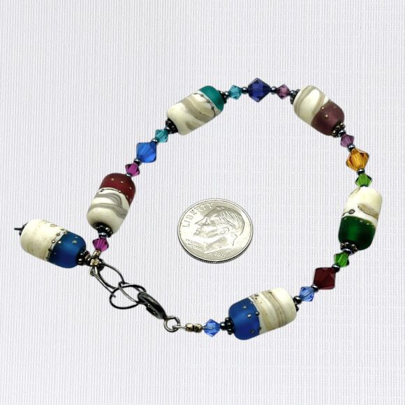 Handmade Bracelet Linked Polymer Clay Cylinder Beads Crystal Boho Artsy Festival - Picture 3 of 7